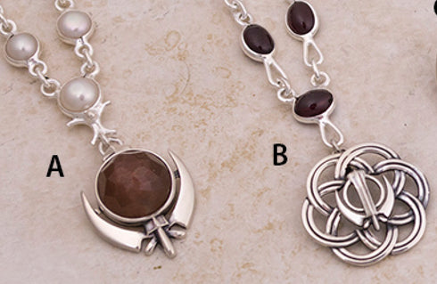 Flower of Life Adi Shakti pin pendants and pendants on gemstone and pearl necklaces and multi-faceted gemstone Adi Shakti pendants - on these same necklaces